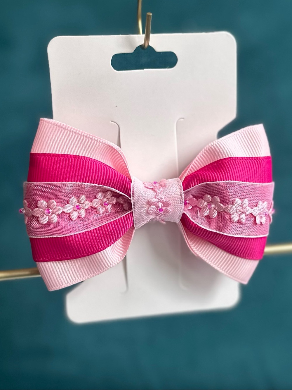 Handmade Pink Layered Floral Ribbon Hair Bow with French clip
